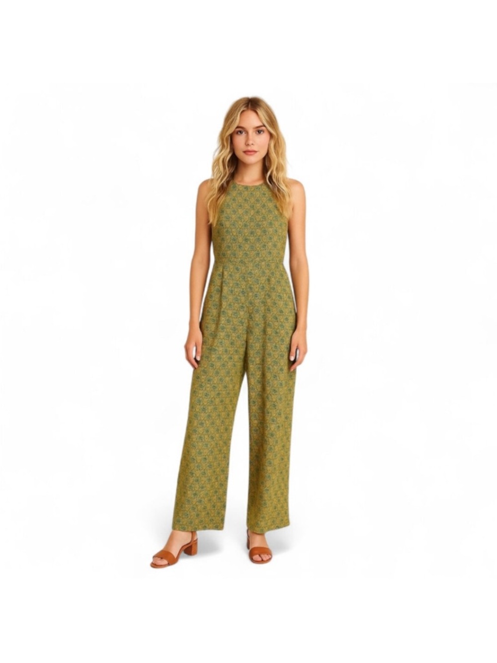 High-Neck Olive Green Printed Wide-Leg Jumpsuit